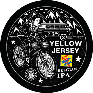 Mostly black and white keg clip picturing a cyclist riding their bike. Behind them there are mountains and a VW camper van. It reads 'Yellow Jersey 7.2%, Belgian IPA'. There is also logos for both (yellow, red and blue) Hop Idol and Black Iris Brewery.